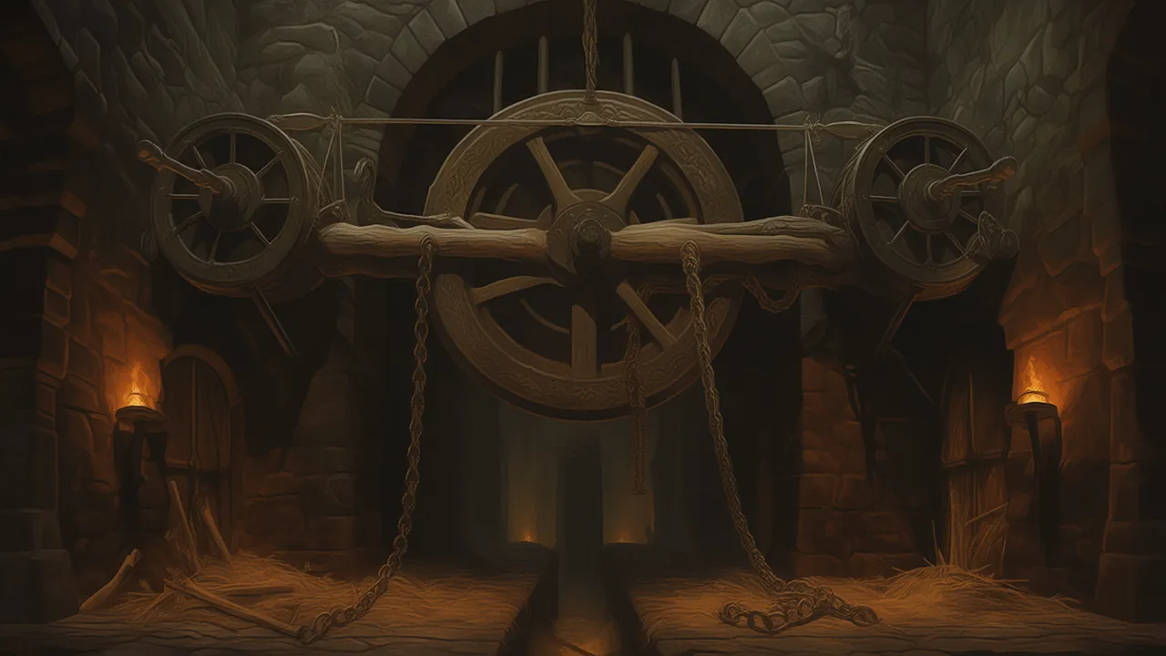 The winch room: a great windlass with its chains slack, the portcullis slot dark behind it